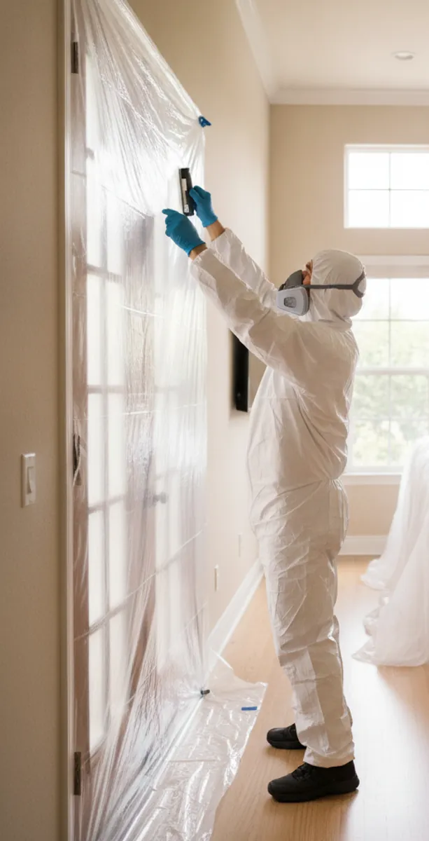 Mold remediation technician in PPE setting up containment in a Thousand Oaks home