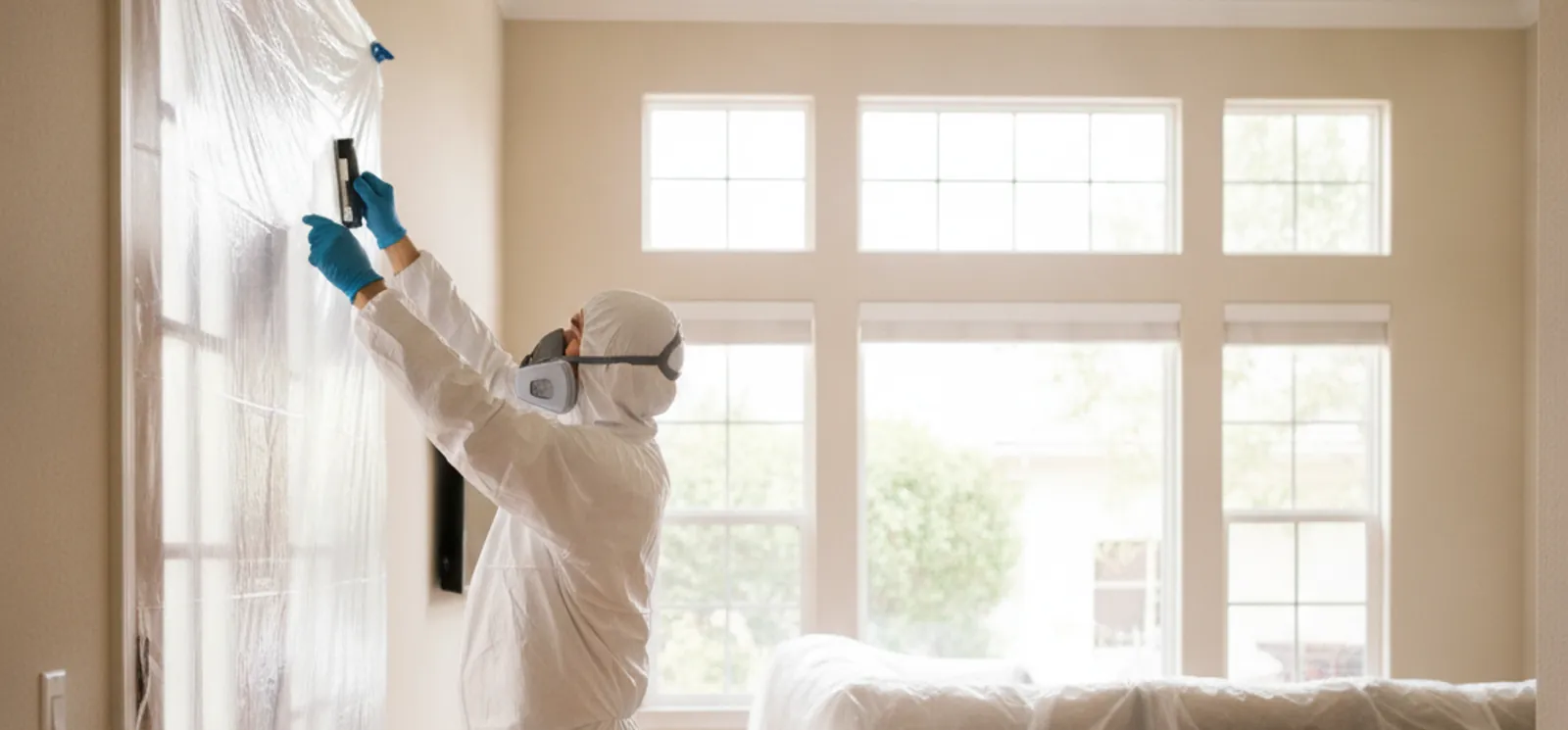 Mold remediation technician in PPE setting up containment in a Thousand Oaks home